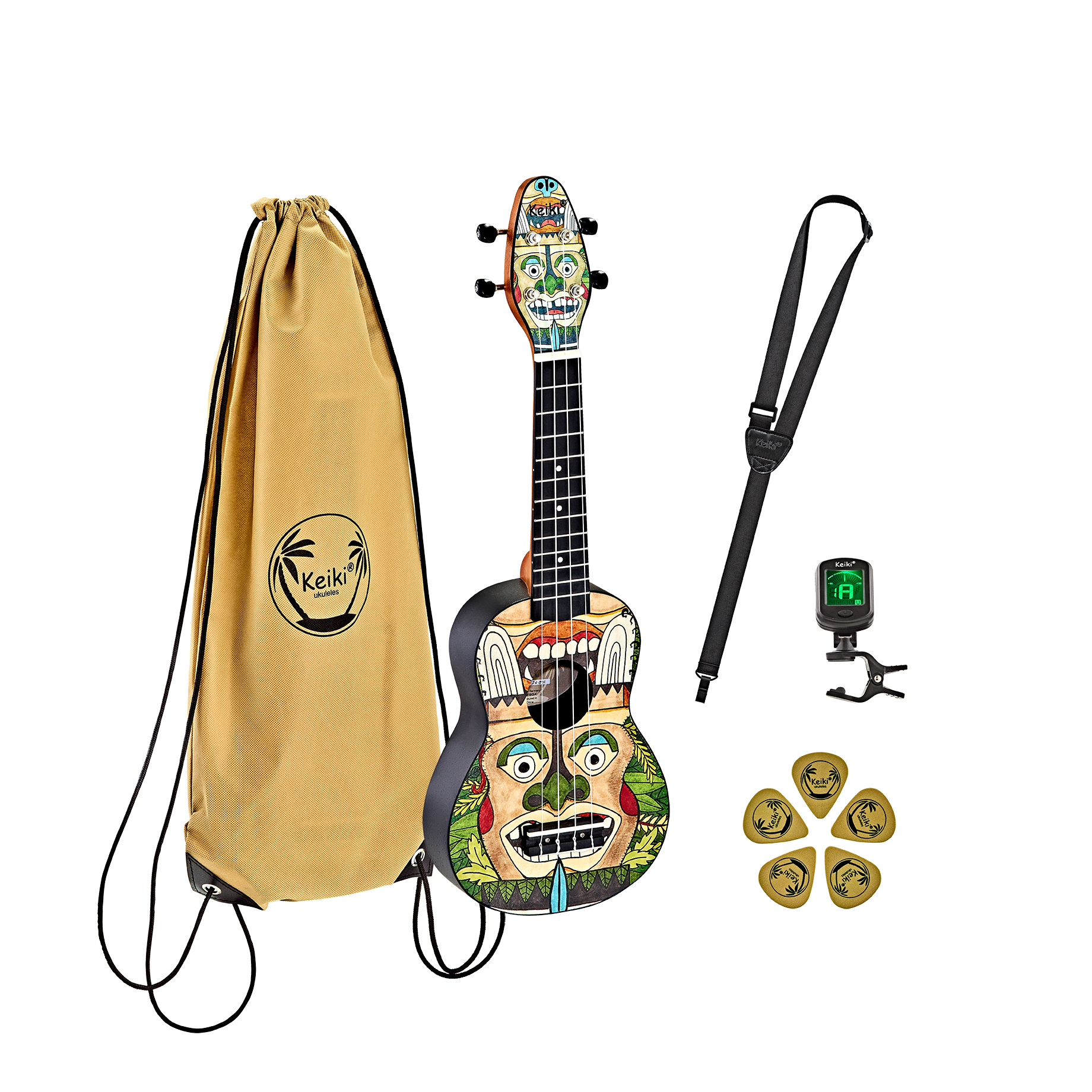 KEIKI Ukulelen Set "Totem" inkl. Gymbag/H-Tuner/5 Picks/Gurt