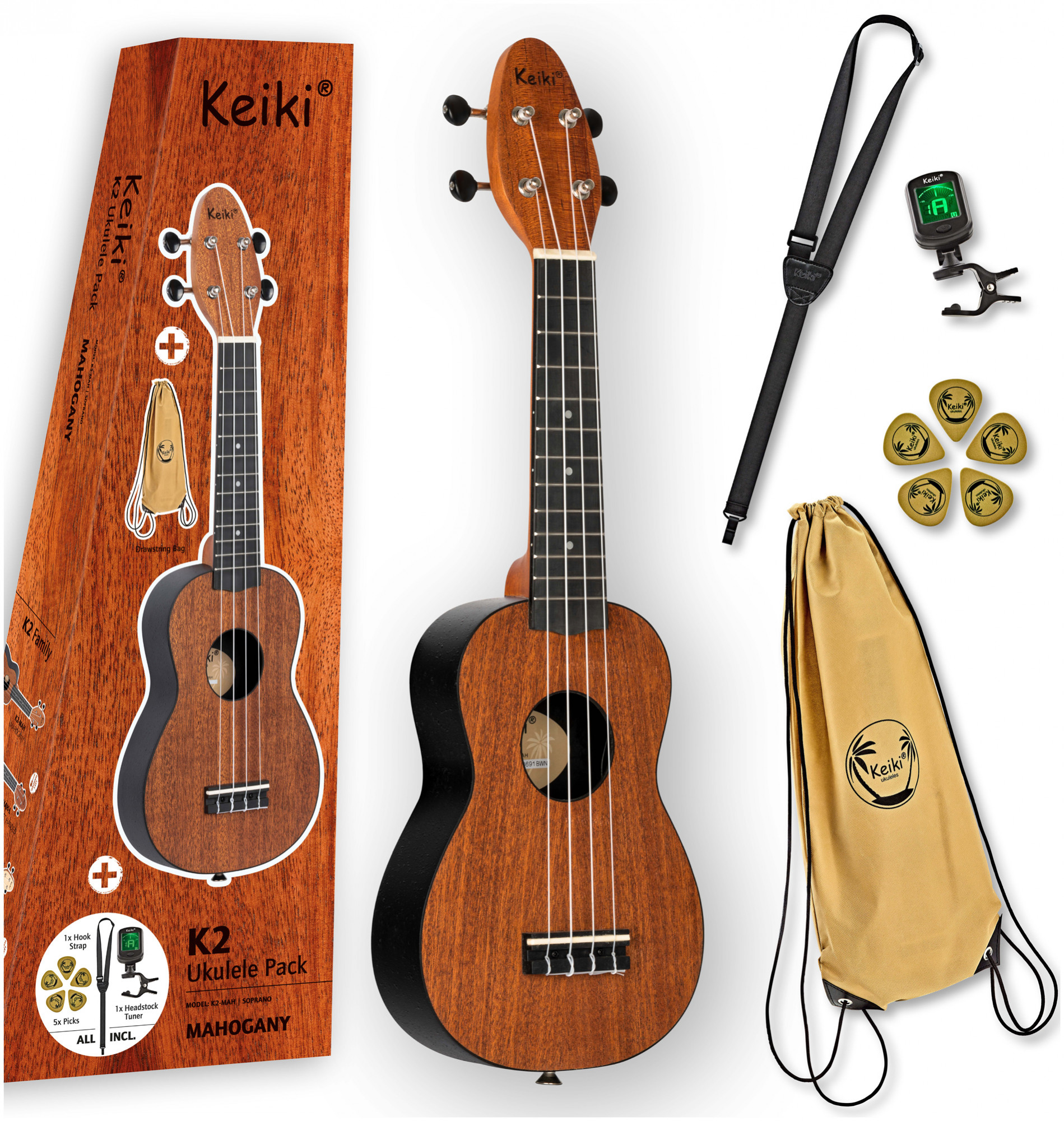 KEIKI Ukulelen Set Soprano Mahogany inkl. Gymbag/H-Tuner/5 Picks/Gurt