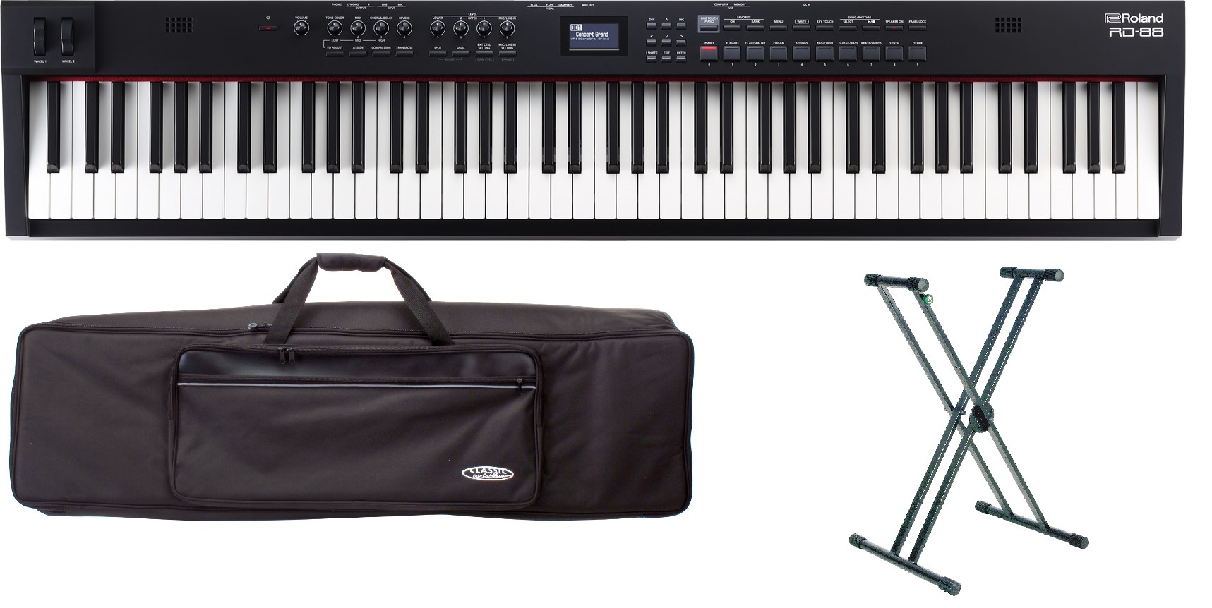 RD-88 Stagebundle Stagepiano mit tourtauglichem Zubehör