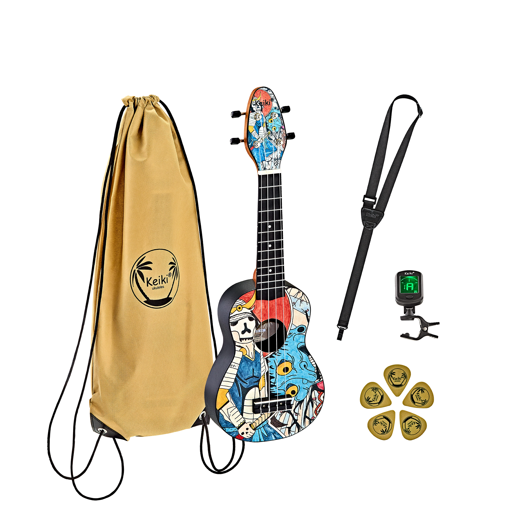 KEIKI Ukulelen Set "Samurai" inkl. Gymbag/H-Tuner/5 Picks/Gurt