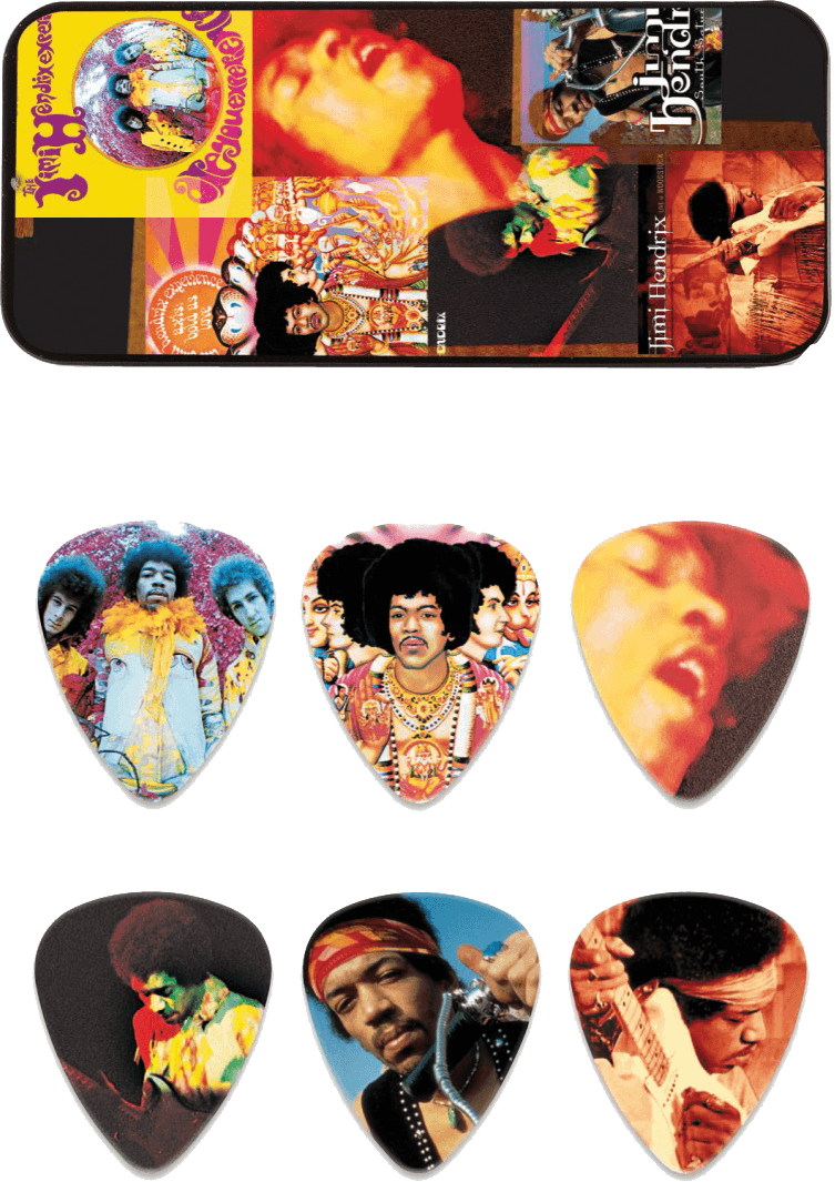 Jimi Hendrix Frontline Pick Tin, 12 Picks, assorted motives, heavy