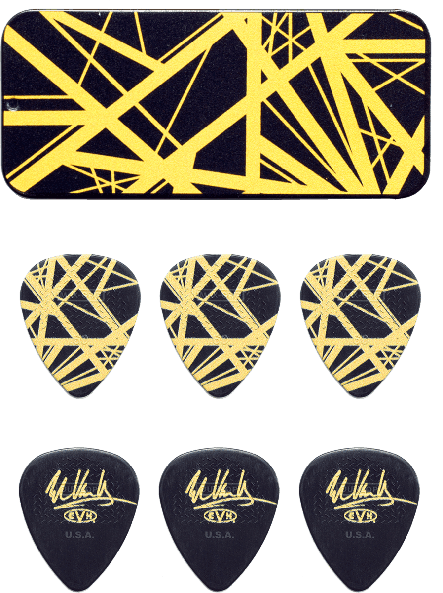 EVH schwarz/gelb 0.60 mm Pick Tin 6 Stck.